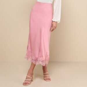 Lulus Blissful Nature Blush Pink Satin Lace High-rise Midi Skirt - Size L